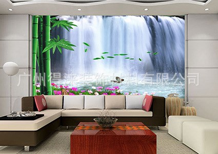支持混批德國PVC環保宣絨布 山水瀑布畫風景客廳電視背景墻紙