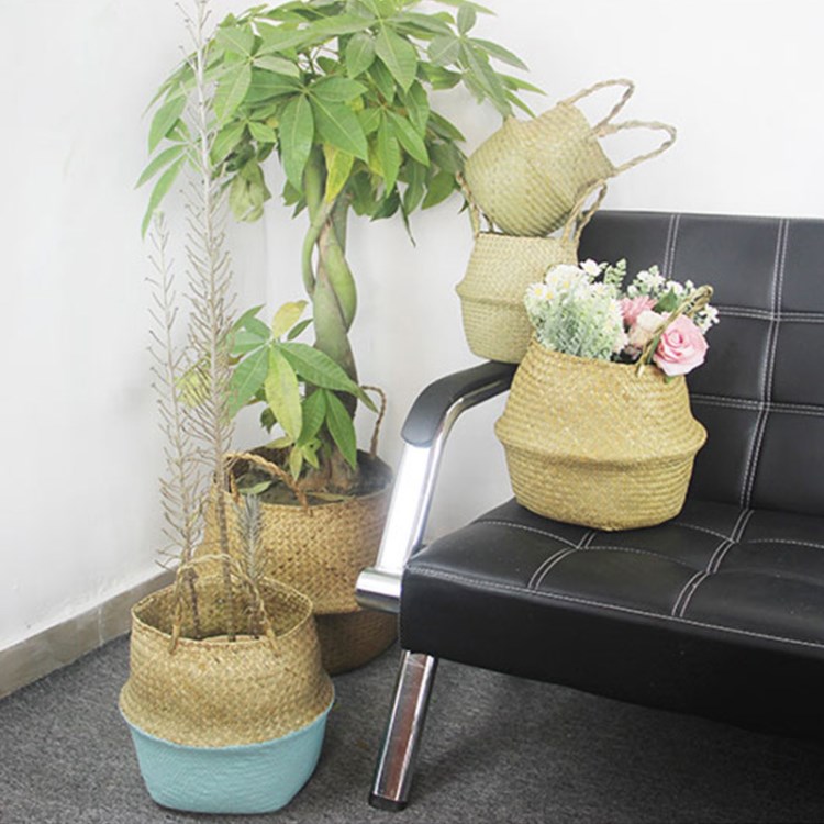 北欧手工海草编织折叠花盆竹编藤编花篮创意筐客厅插花摆件收纳篮