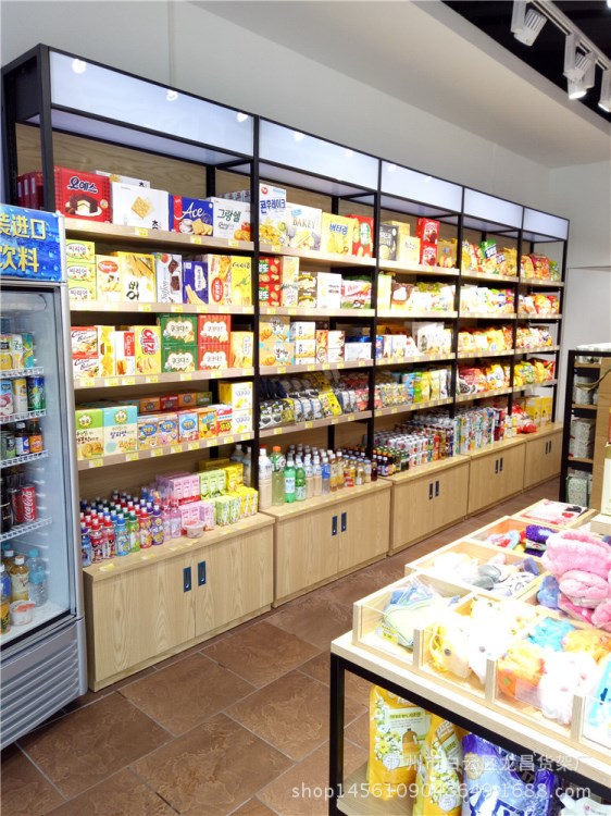 生活館食品貨架 免稅店鐵木結合展示架 單面木層板零食背柜