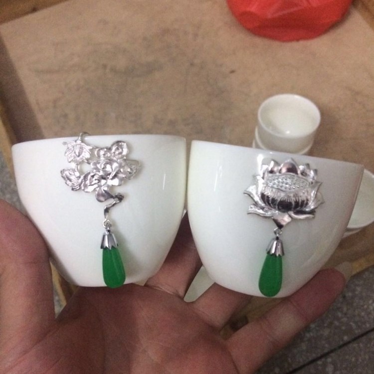 銀鑲嵌盞品茗杯 功夫茶具陶瓷主人茶杯普洱杯羅漢杯銀魚杯