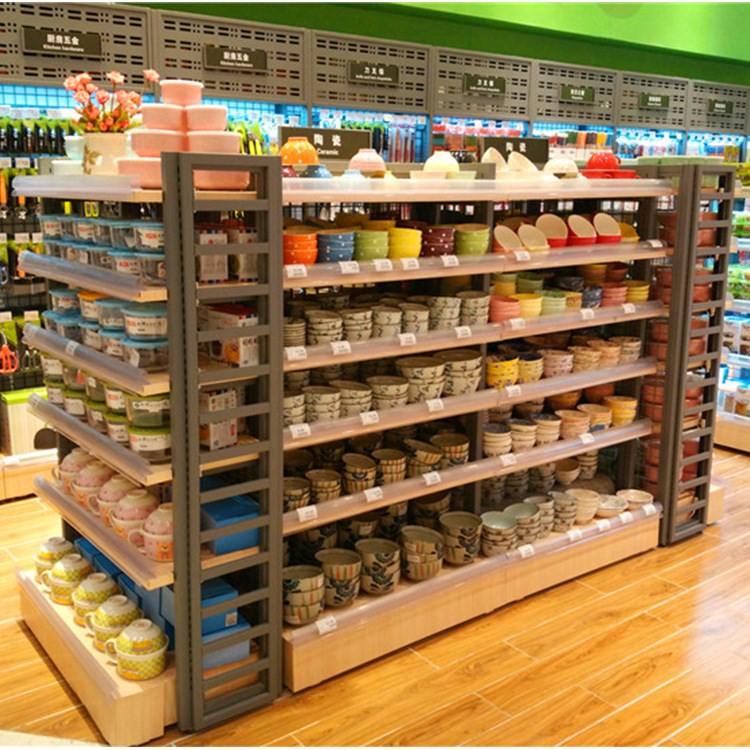 厂家批发铁木结合商超货架休闲食品中岛架碗碟电器百多陈列展示架