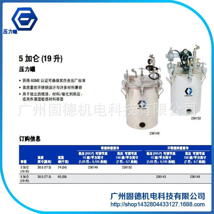 供應 美國固瑞克原裝涂料壓力罐  5加侖19升不銹鋼噴漆罐