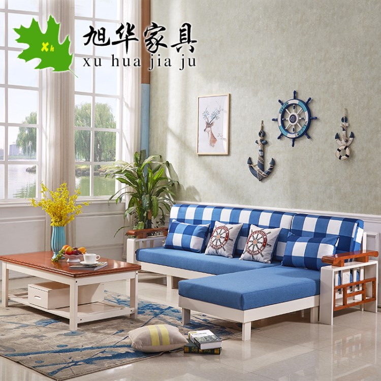 實木沙發(fā)新中式客廳家具推拉床布藝沙發(fā)轉(zhuǎn)角小戶型組合可拆洗