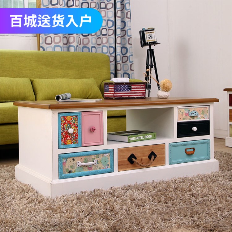 大容量客廳原木儲(chǔ)物柜地中海實(shí)木茶幾電視柜組美式復(fù)古彩繪置物柜