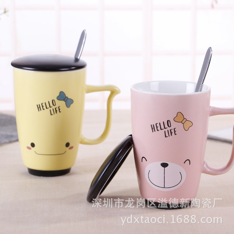 廠家直銷陶瓷日用品　馬克杯帶蓋配送不銹鋼勺　色釉杯套