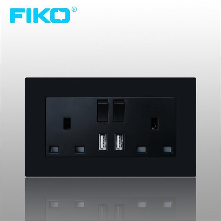 FIKO噴漆黑色146型英式英標(biāo)二位開關(guān)雙位USB13A方角插座僅供出口