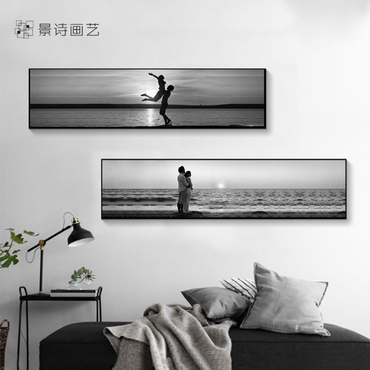 浪漫時光 沙灘攝影床頭裝飾畫現代風景人物海景掛畫簡約黑白壁畫