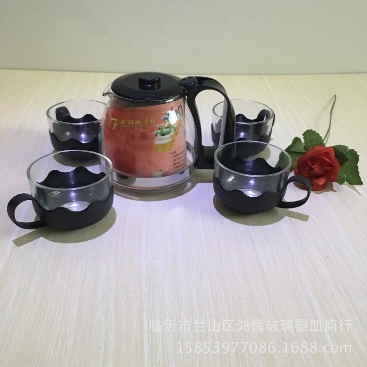 廠家直銷 玻璃壺五件套不銹鋼網(wǎng)花茶泡茶禮品耐熱 玻璃茶壺套裝