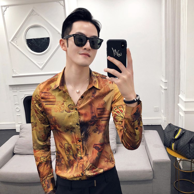 歐美花色系2018春裝新款發型師夜店哥襯衫男修身C04-155