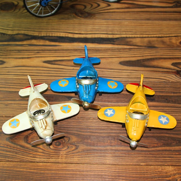 萌翻復古做舊鐵皮迷你小飛機模型玩具 金屬工藝品KTV酒吧收藏擺件