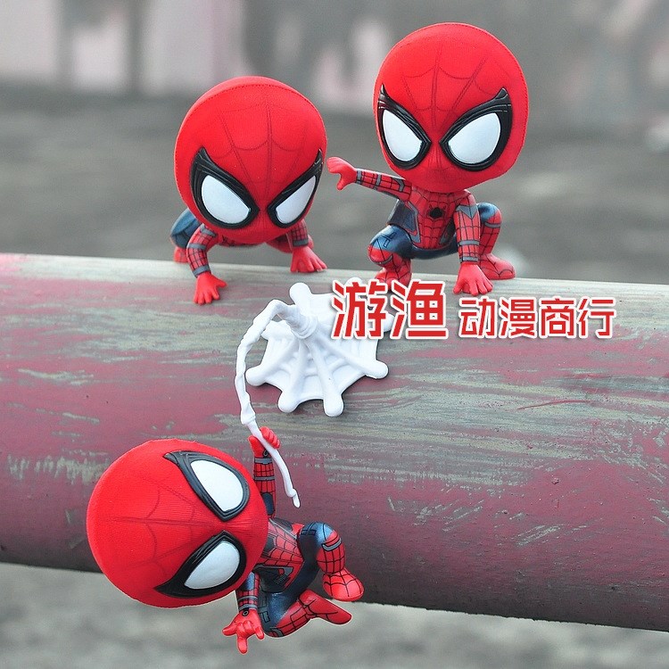 Q版搖頭蜘蛛俠 SpiderMan 英雄歸來 蹲姿爬姿吊繩子公仔手辦擺件