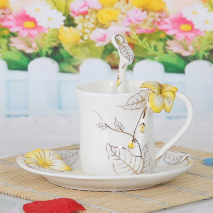 陶瓷廠家直銷咖啡琺瑯瓷杯碟勺三件套扶桑花杯碟咖啡杯套裝批發