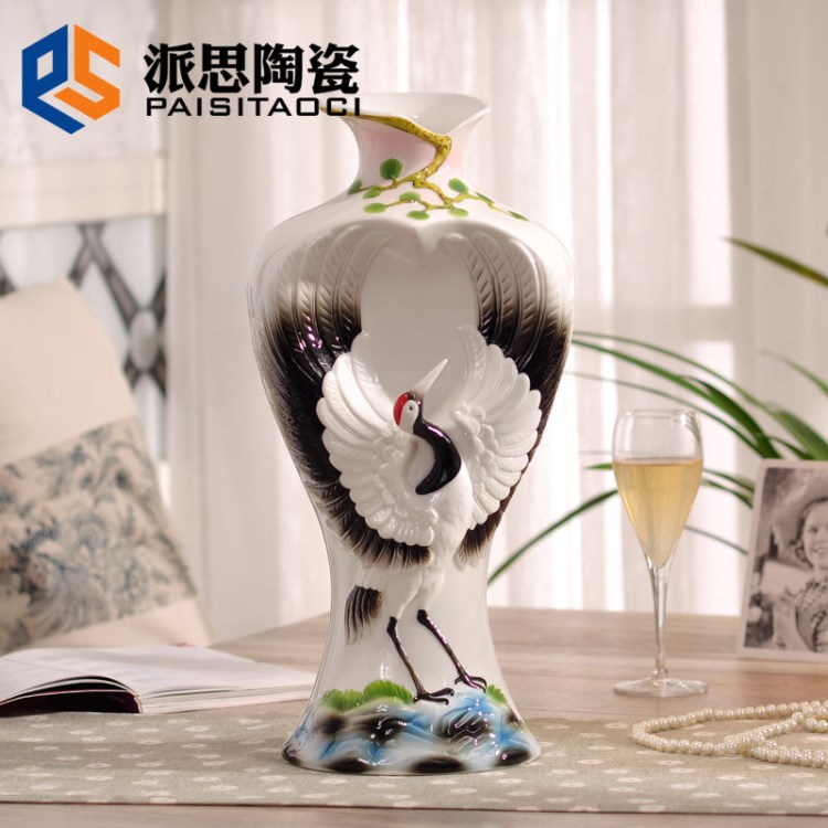 新款琺瑯瓷 松鶴延年 歐式臺(tái)面花瓶陶瓷器 婚慶喬遷擺件
