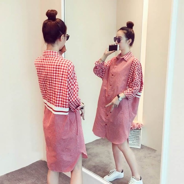 2018新款秋裝大碼女裝寬松時(shí)尚顯瘦格子學(xué)生襯衫連衣裙子哺乳孕婦