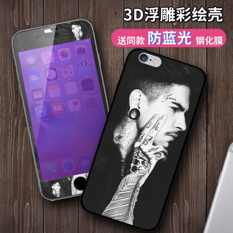 iPhone6S鋼化膜防藍(lán)光全屏蘋果6plus手機(jī)高清卡通彩膜送黑膠軟殼