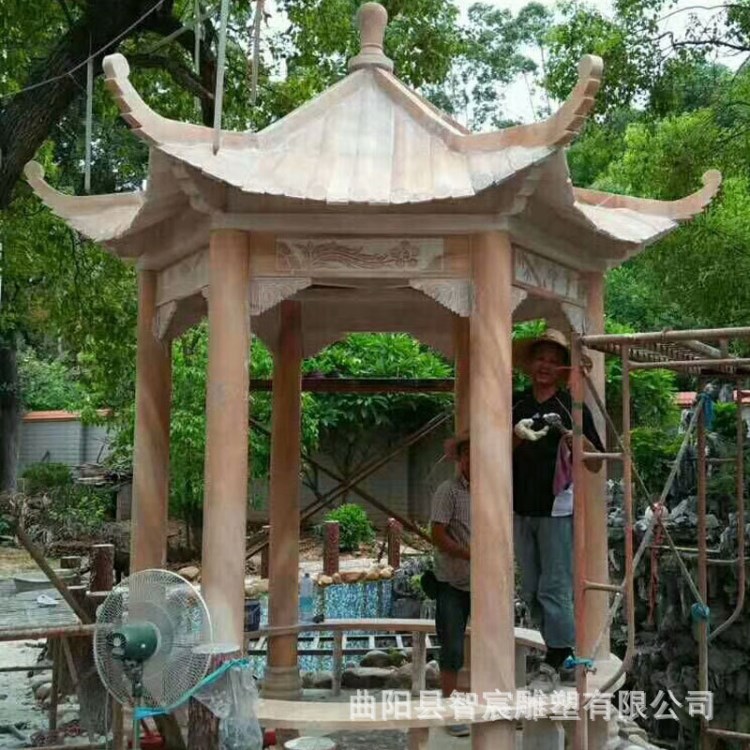 廠家直銷六角涼亭中式大理石戶外長廊亭子庭院小區(qū)晚霞紅走廊雕塑