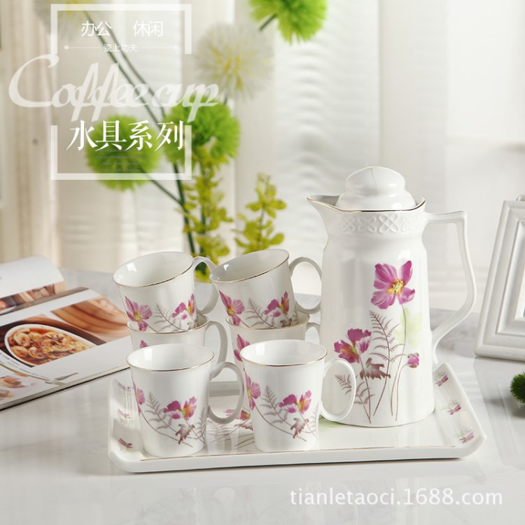 陶瓷冷水壺套裝  天樂花卉條紋水壺水杯套裝 咖啡具茶具 廠家批發