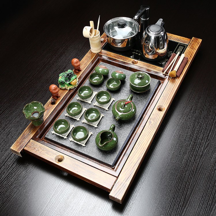 廠家直銷七彩冰裂古船木萬福石盤茶具自動茶壺四合一可定制
