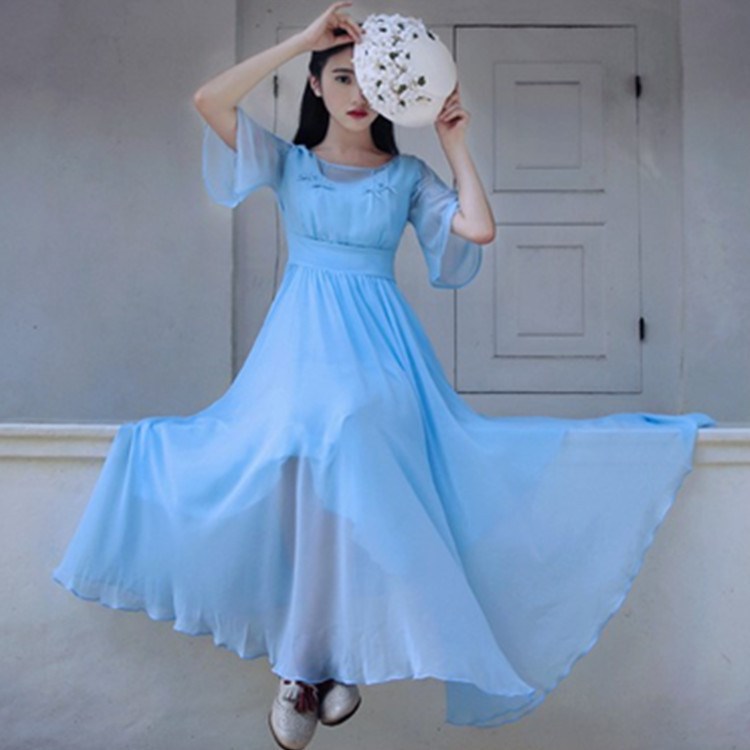 夏季新款女装复古天蓝色一字领蝴蝶结装饰连衣裙高腰短袖长裙
