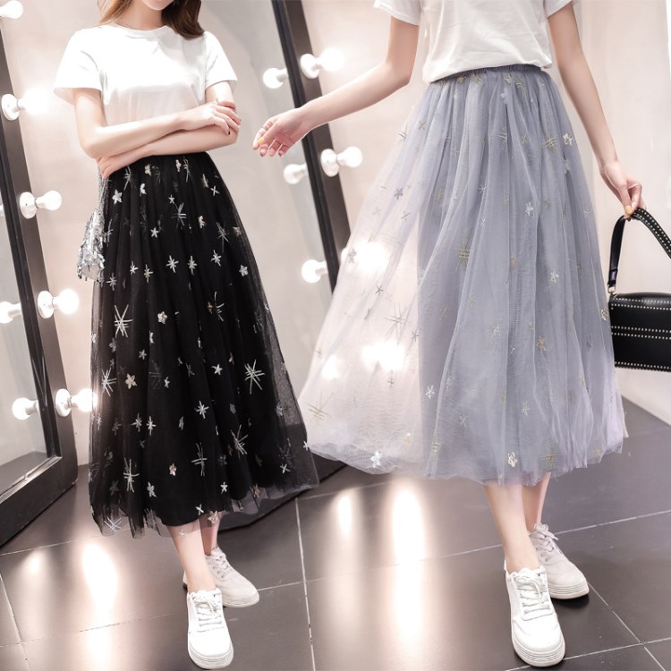 星星紗裙半身裙女2018春夏季新款韓版高腰網紗中長款刺繡a字裙子