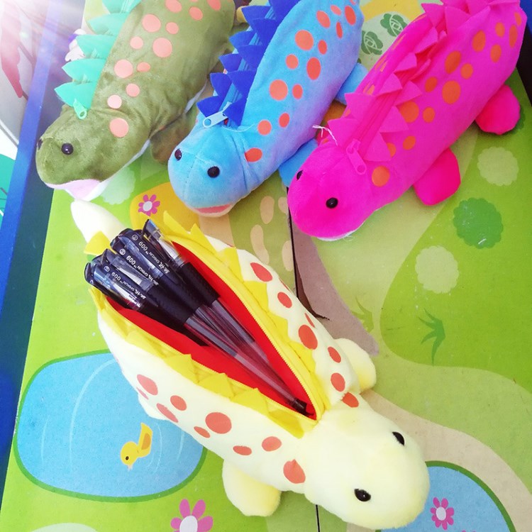 創意毛絨筆袋恐龍筆袋文具袋四色水玉點點可愛大恐龍筆袋