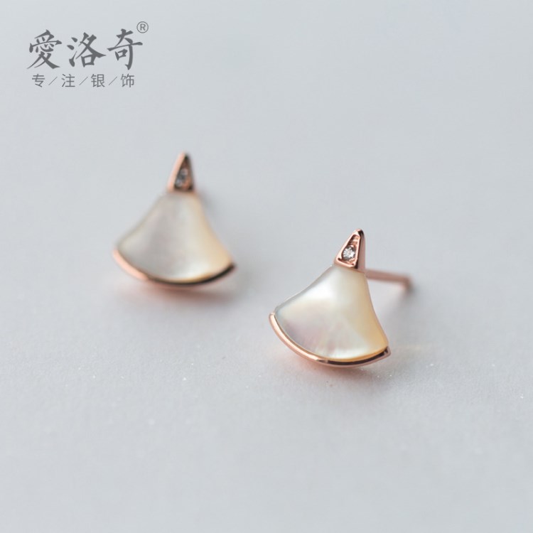 S925銀耳釘女韓版森系甜美扇形貝殼玫瑰金耳釘氣質耳飾品女E4758