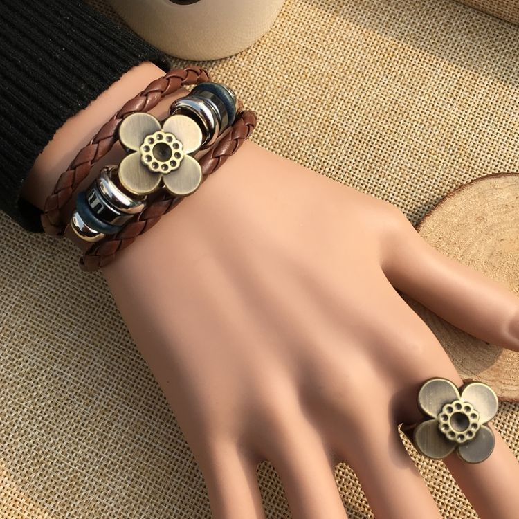 批发饰四叶草真皮质手链戒指套装女士学生旅游纪念复古民族饰品