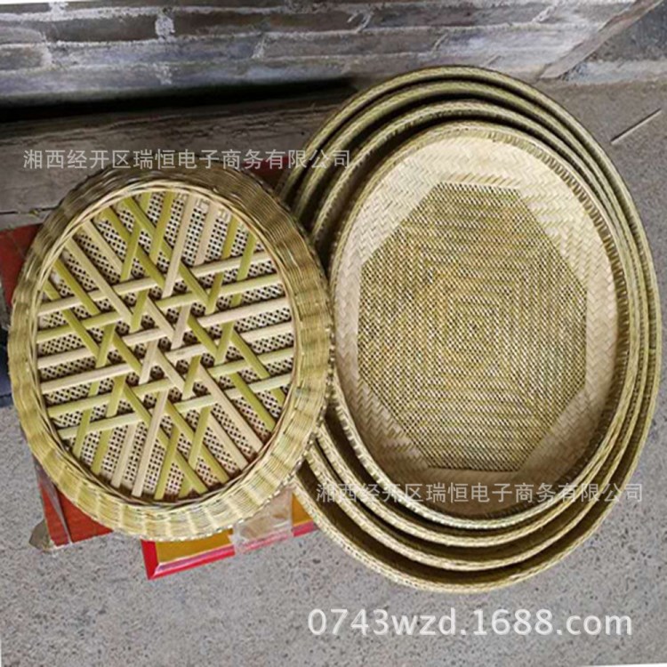 手工精品竹篮、果篮、植物编织工艺品、手工编织工艺五件套筛子