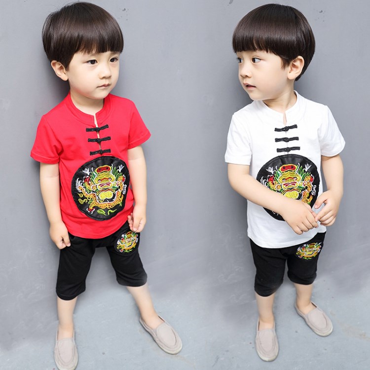 2018男女童夏季新款唐裝表演服中小童全棉短袖套裝兩件套一件代發(fā)