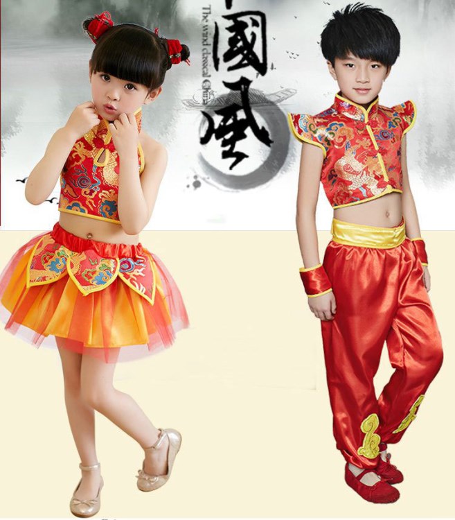 兒童喜慶中國(guó)結(jié)紅秧歌演出服幼兒武術(shù)表演服打鼓服開(kāi)門(mén)紅舞服