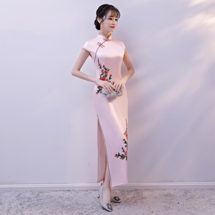 2018年春季新前后定位花長(zhǎng)款走秀旗袍隊(duì)日常優(yōu)雅復(fù)古修身大碼旗袍