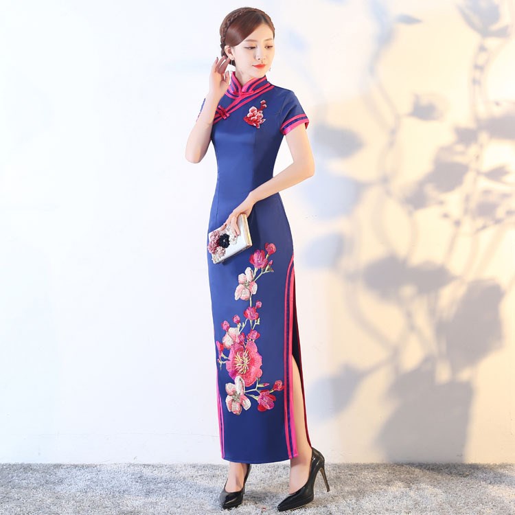 2018新款宝蓝色舞台演出服走秀旗袍裙长款短袖中老年模特表演大码