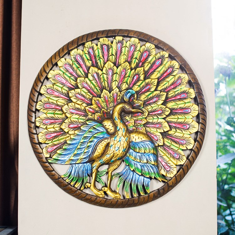 东南亚柚木雕花板实木镂雕孔雀开屏壁饰 客厅玄关样板房装饰挂件