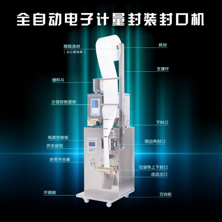 全自動背封包裝打包機五谷雜糧堅果茶咖啡粉末顆粒塑料米分裝機