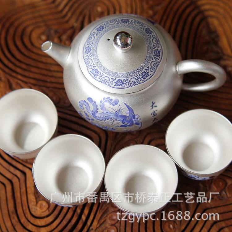  s999足銀銀茶具商務禮品銀青花瓷牡丹銀茶杯茶壺