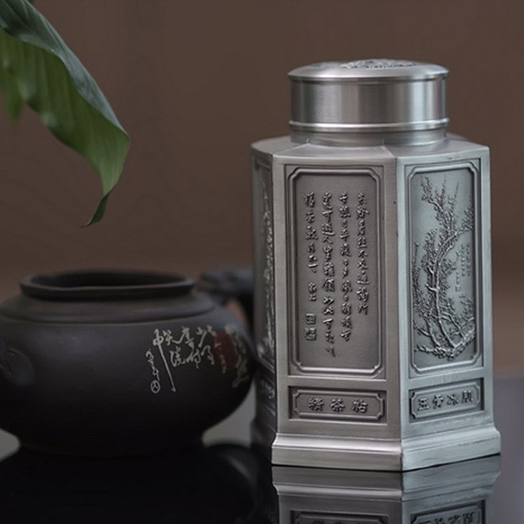 廠家直銷(xiāo)錫茶葉罐富貴吉祥圖六角錫罐 馬來(lái)茶具錫器