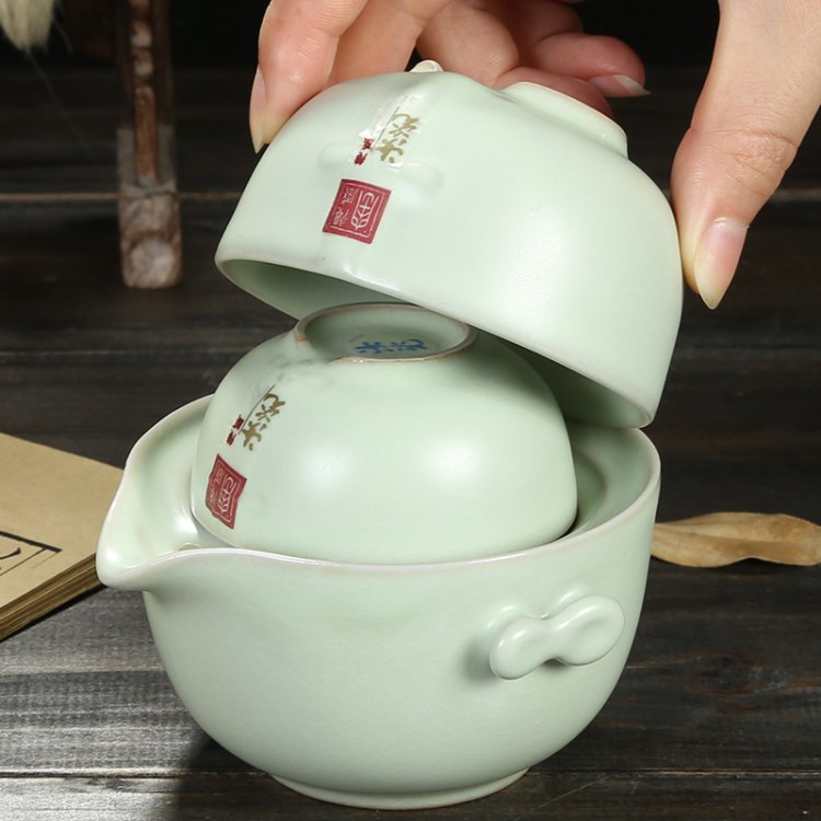 廠家現(xiàn)貨禮品汝窯快客杯一壺兩杯 便攜商務(wù)旅行茶具支持logo