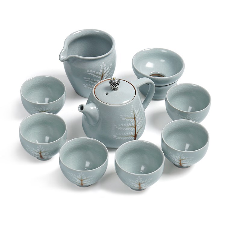 開片汝窯整套陶瓷功夫茶具精品浮雕手繪茶壺茶杯茶海套組商務禮品