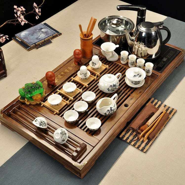 新款商務(wù)禮品套裝家用功夫茶具套裝整套 陶瓷實(shí)木茶盤四合一批發(fā)