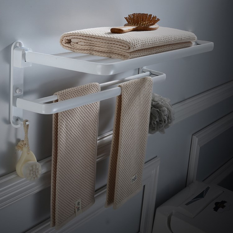 北歐太空鋁酒店衛生間白色折疊毛巾架 歐式浴室帶鉤浴巾架置物架