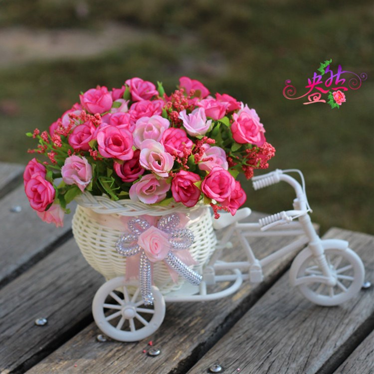 韓式家居裝飾品仿真花小花車套裝/自行車編織花籃假花鉆石玫瑰花