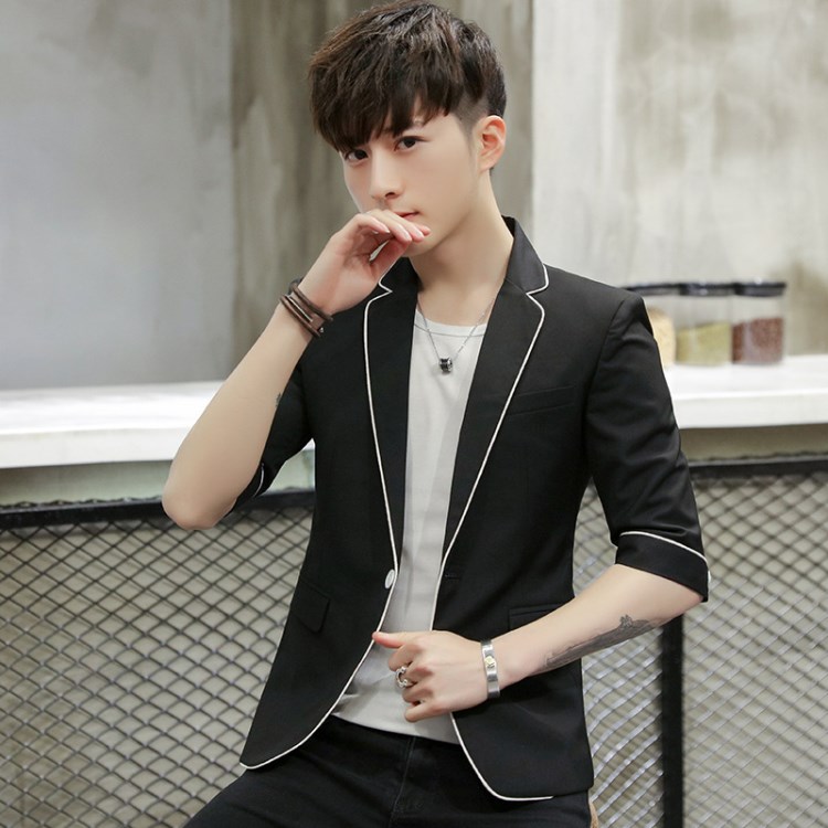 潮流夏季薄款中袖西服男修身韓版發型師休閑短袖外套七分袖小西裝