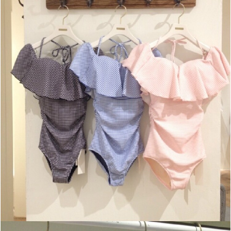 2016外貿(mào)新款性感格子荷葉邊露肩三角連體遮肚顯瘦溫泉女游泳衣
