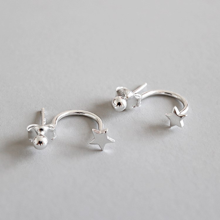 EDY010 韓版銀飾S925銀時尚個性光面圓珠星星彎鉤兩用耳釘耳飾