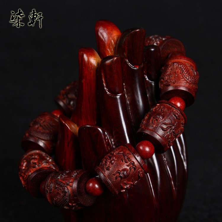 批發小葉紫檀雕龍桶珠手串  順紋高密度檀木佛珠手鏈木質工藝品