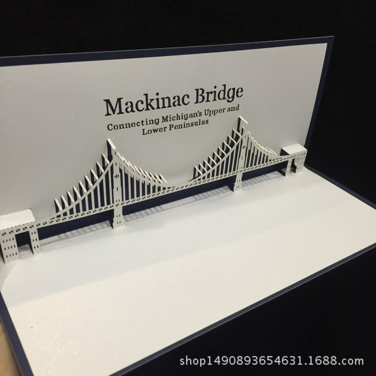 3d立體紙雕賀卡Mackinac Bridge旅游建筑紀(jì)念商務(wù)祝福鏤空賀卡