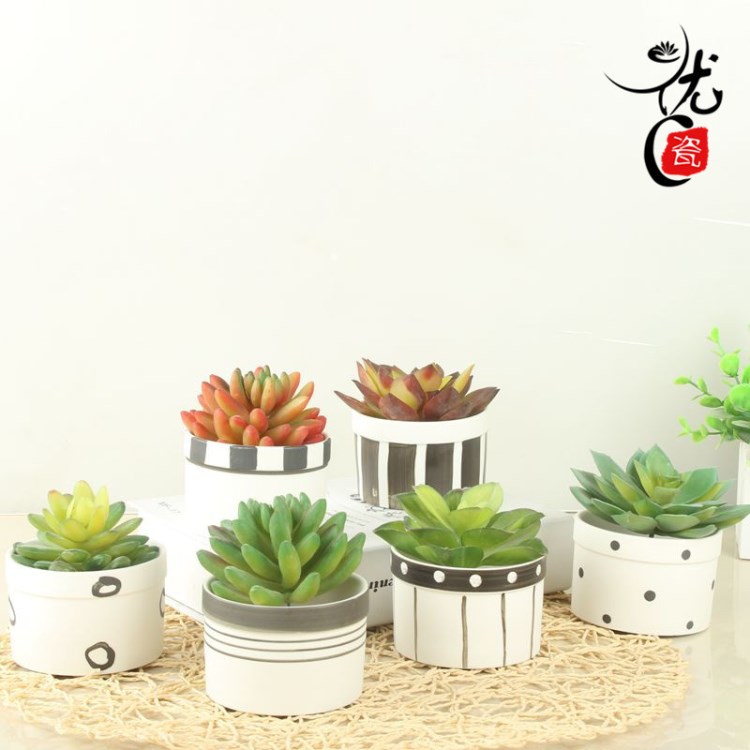 簡(jiǎn)約清新日式黑白線條白陶素?zé)粗富ㄅ?ZAKKA多肉植物小花盆批發(fā)