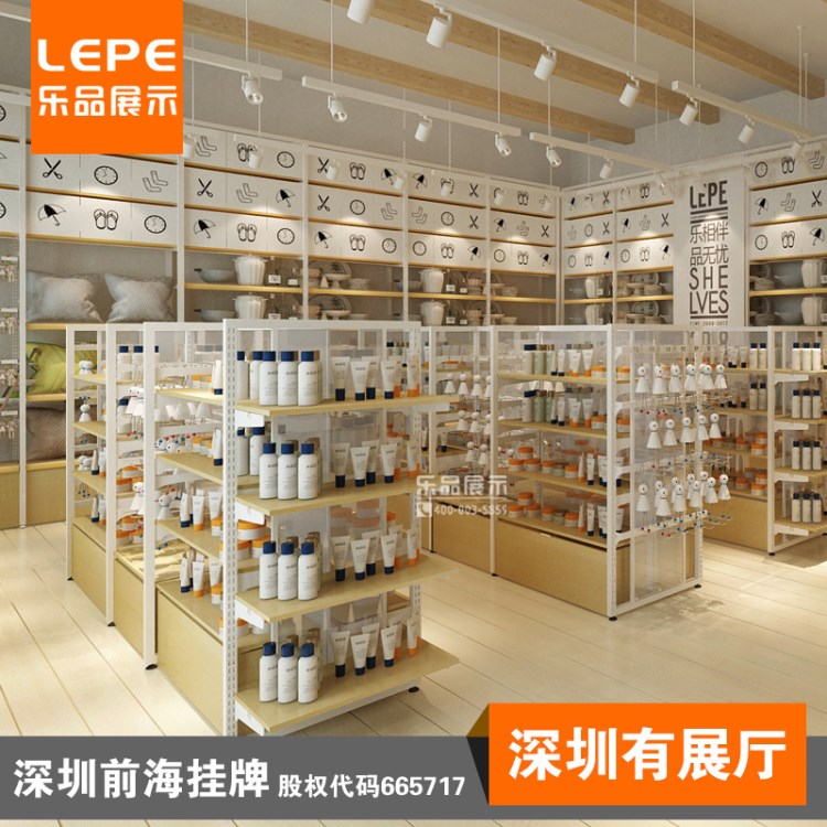 乐品 超市货架 双面化妆品展示架 母婴店钢木挂钩货架 多功能展架