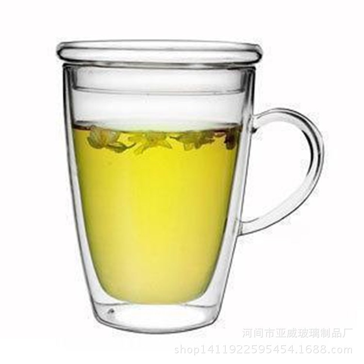 人工吹制 雙層杯帶手柄水杯 玻璃泡茶杯耐高溫玻璃茶具