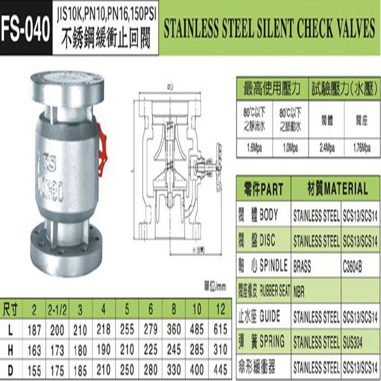 臺灣富山止回閥/閥門 FS-040 臺灣富山不銹鋼緩沖止回閥